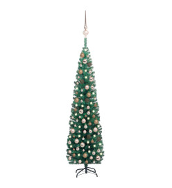 Sapin de Noël artificiel mince pré-éclairé et boules vert 240cm