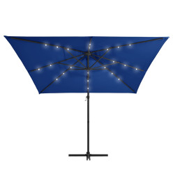 Parasol déporté avec LED et mât en acier 250x250 cm Bleu azuré