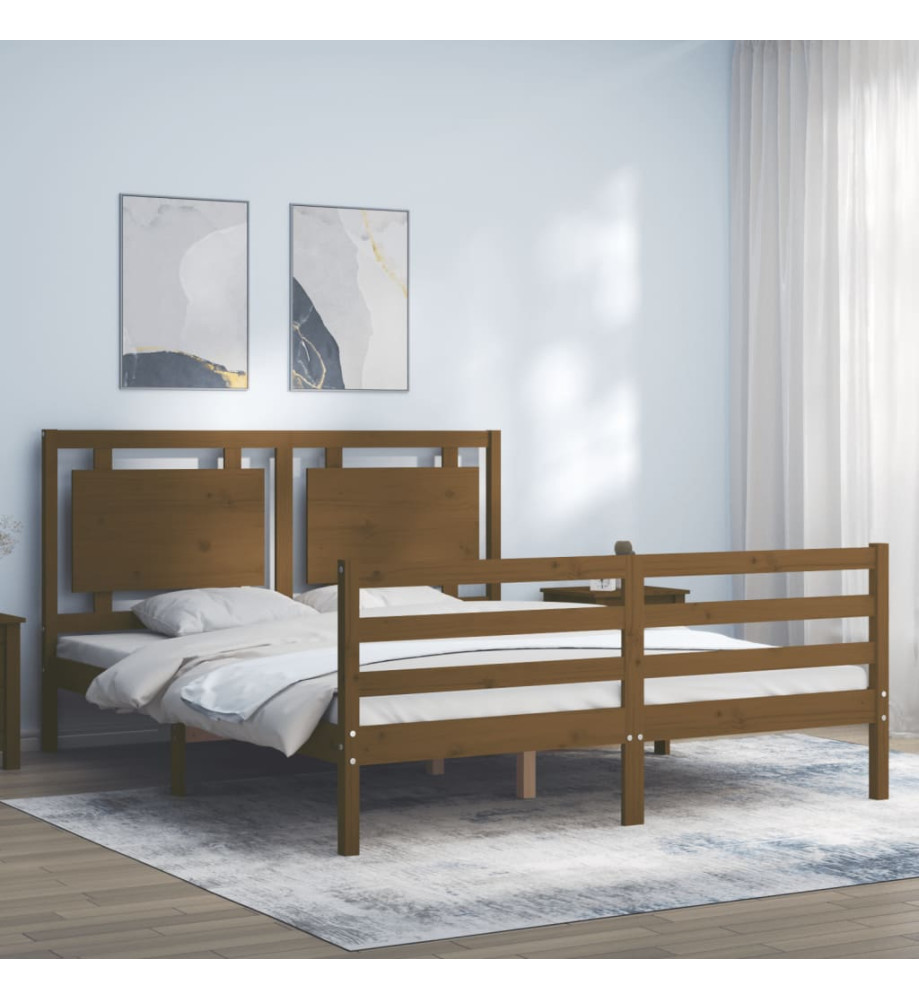 Cadre de lit avec tête de lit marron miel 160x200cm bois massif Cadre de lit avec tête de lit marron miel 160x200cm bois massif