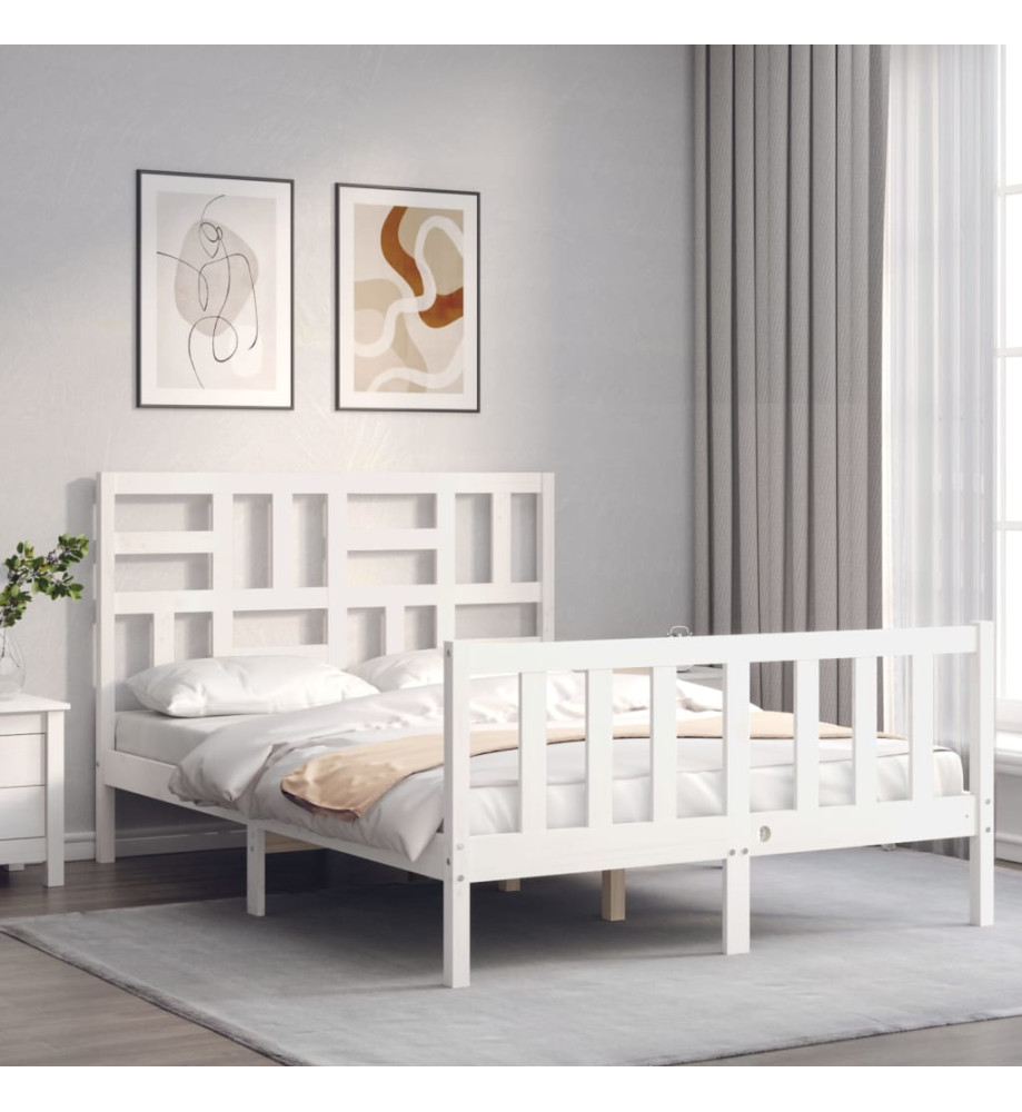 Cadre de lit avec tête de lit blanc 140x190 cm bois massif Cadre de lit avec tête de lit blanc 140x190 cm bois massif