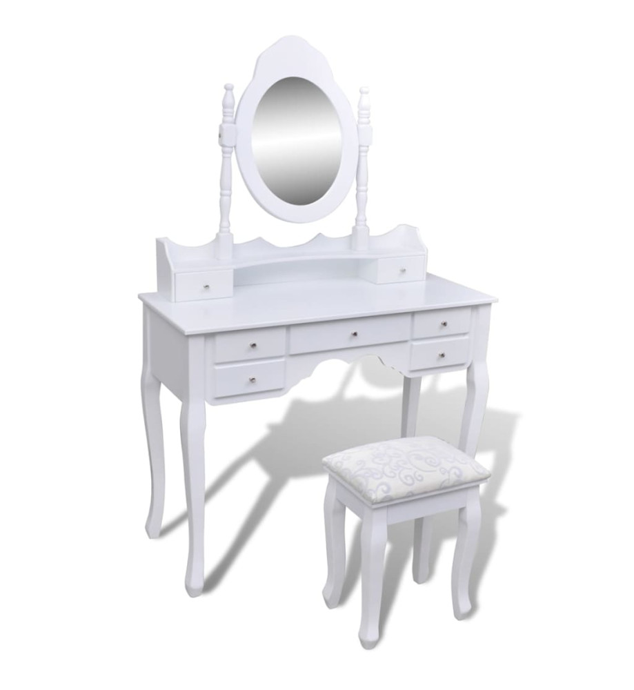 Coiffeuse avec miroir et tabouret 7 tiroirs Blanc