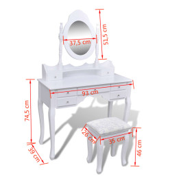 Coiffeuse avec miroir et tabouret 7 tiroirs Blanc