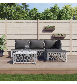 Salon de jardin avec coussins 5 pcs blanc acier