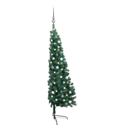 Demi-arbre de Noël artificiel pré-éclairé et boules vert 180 cm