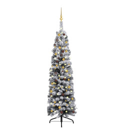 Arbre de Noël artificiel mince avec LED et boules Vert 210 cm