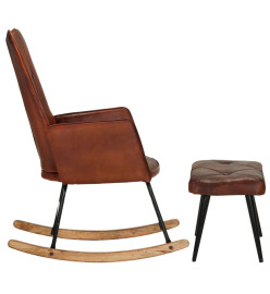 Chaise à bascule avec repose-pied Marron Cuir véritable