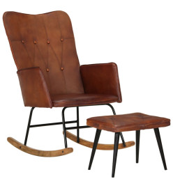 Chaise à bascule avec repose-pied Marron Cuir véritable