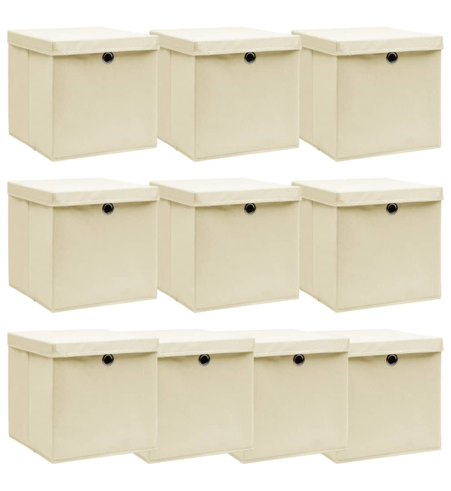 Boîtes de rangement à couvercles 10 pcs Crème 32x32x32 cm Tissu