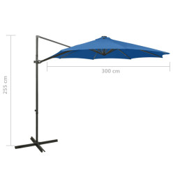 Parasol déporté avec mât et lumières LED Bleu azur 300 cm