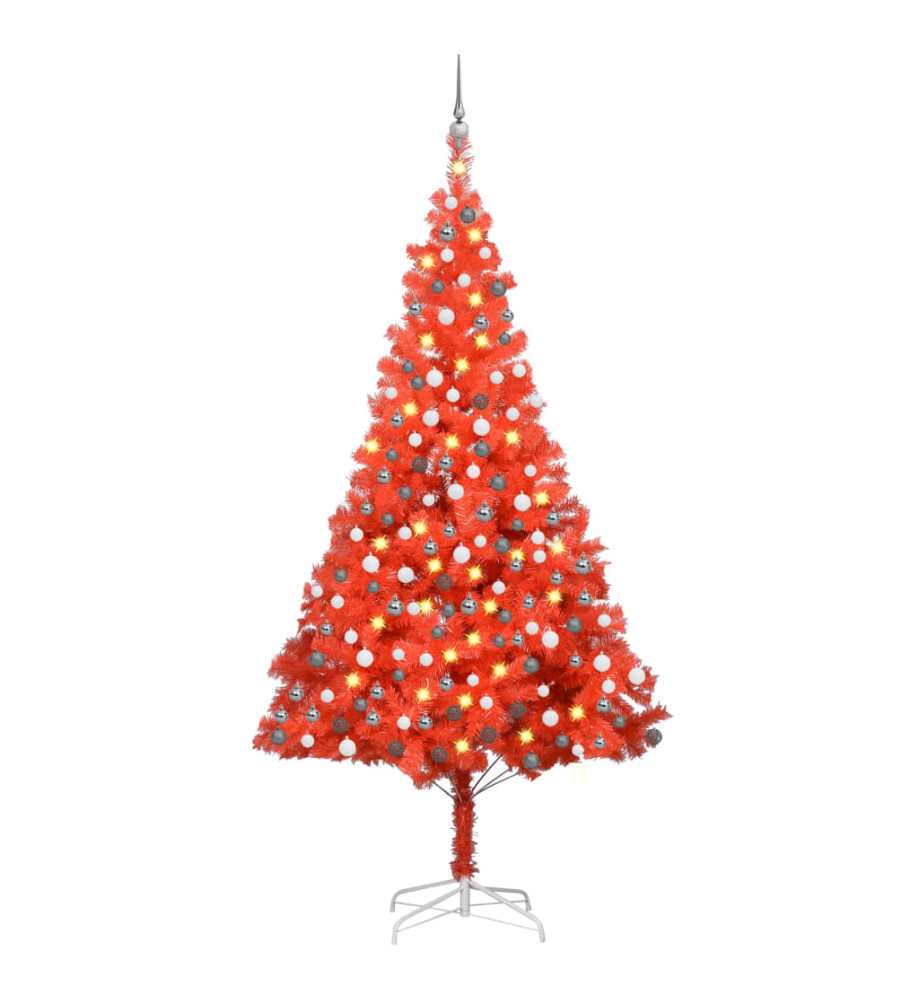 Arbre de Noël artificiel pré-éclairé et boules rouge 210 cm PVC