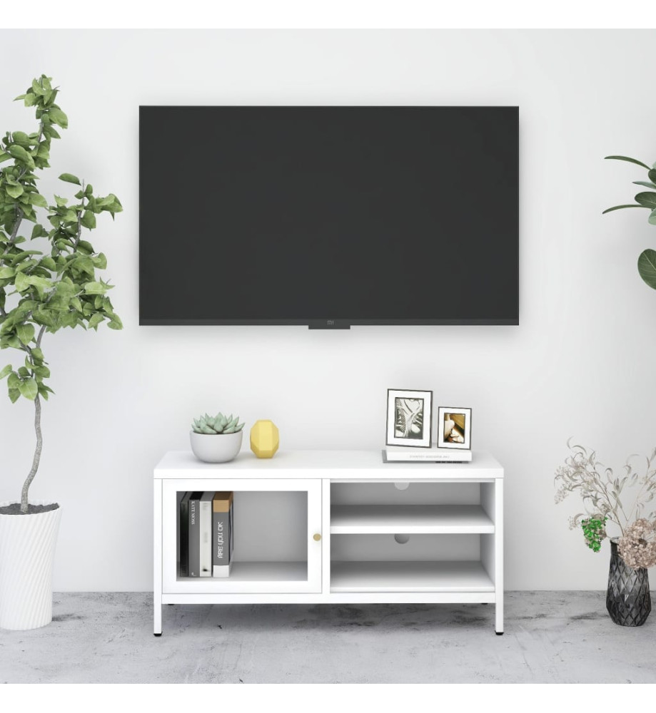 Meuble TV Blanc 90x30x44 cm Acier et verre