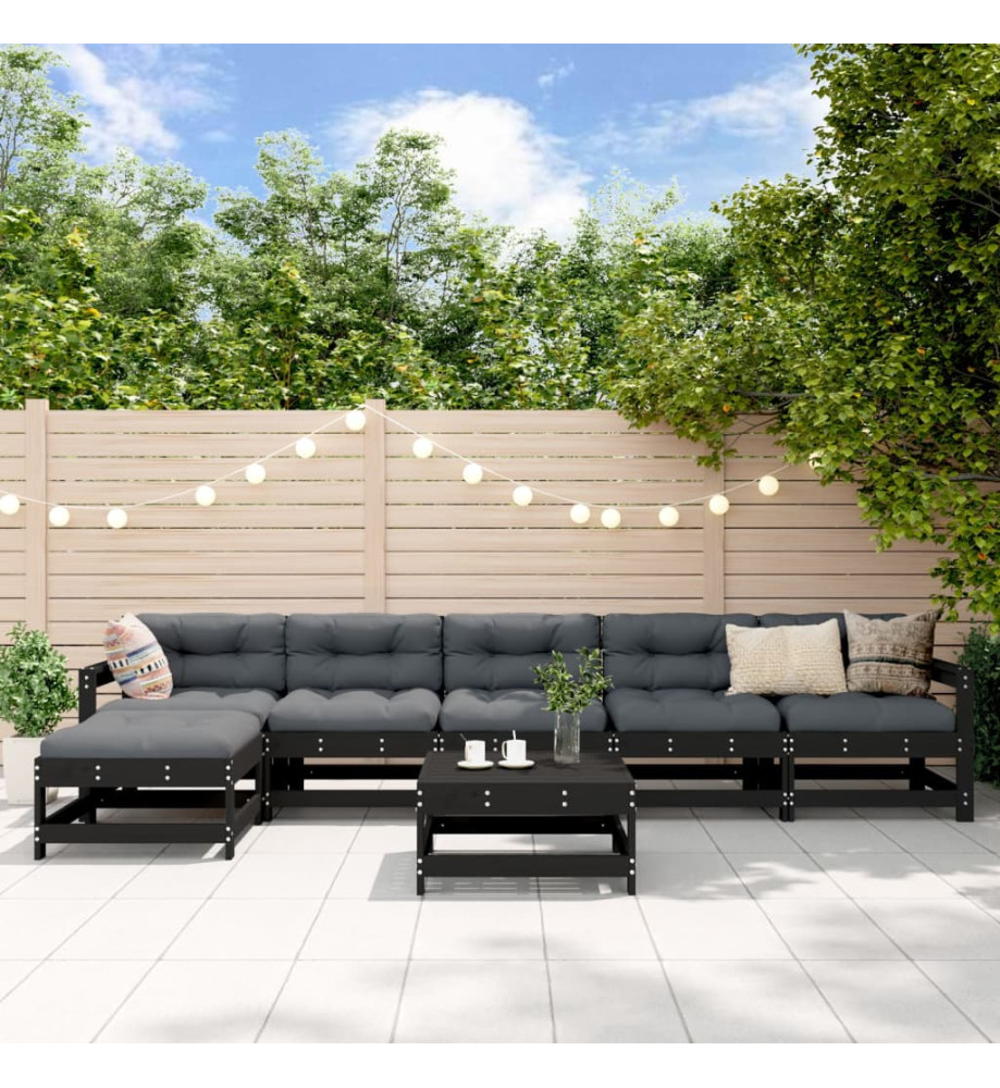 Salon de jardin 7 pcs avec coussins noir bois massif