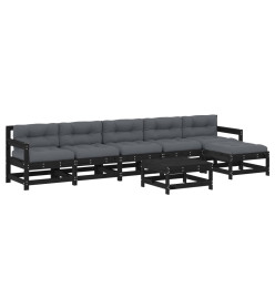 Salon de jardin 7 pcs avec coussins noir bois massif