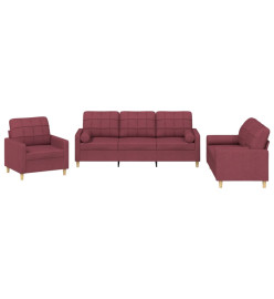 Ensemble de canapés 3 pcs avec coussins rouge bordeaux tissu