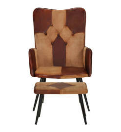 Fauteuil avec repose-pieds Marron Cuir véritable et toile