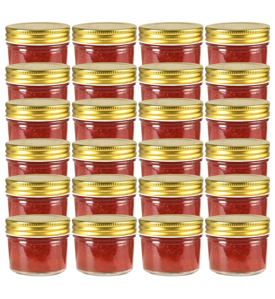 24 pcs Pots à confiture avec couvercles dorés Verre 110 ml