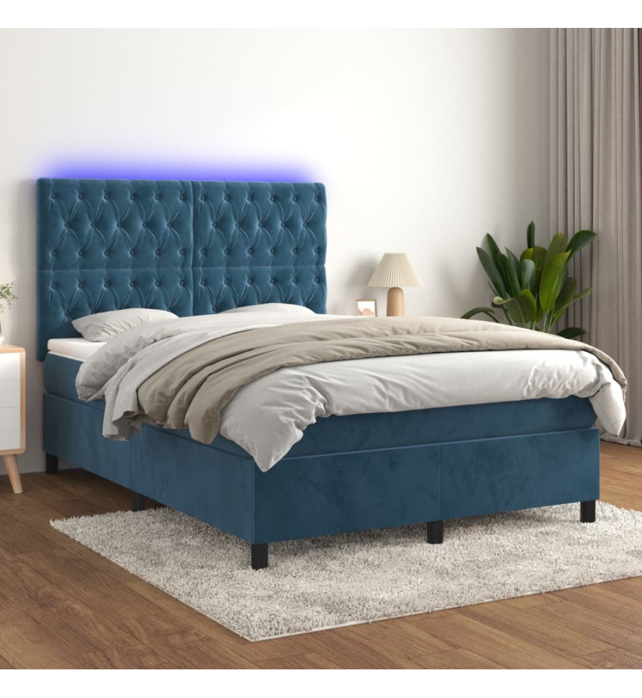 Sommier tapissier matelas et LED Bleu foncé 140x190 cm Velours Sommier tapissier matelas et LED Bleu foncé 140x190 cm Velours