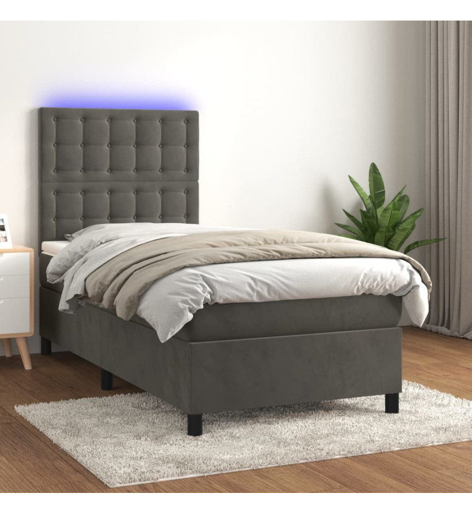 Sommier tapissier et matelas et LED Gris foncé 90x190cm Velours Sommier tapissier et matelas et LED Gris foncé 90x190cm Velours