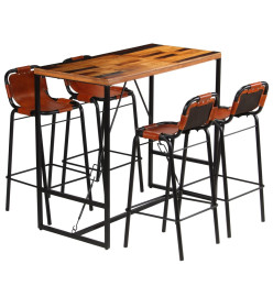 Ensemble de bar 5 pcs Bois massif recyclé et cuir de chèvre