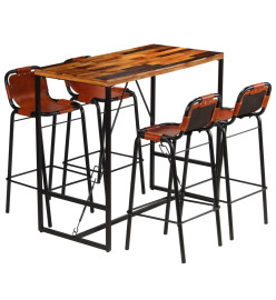 Ensemble de bar 5 pcs Bois massif recyclé et cuir de chèvre