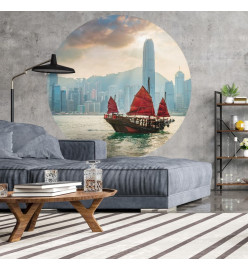 WallArt Papier peint cercle Skyline with Junk Boat 142,5 cm