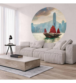 WallArt Papier peint cercle Skyline with Junk Boat 142,5 cm