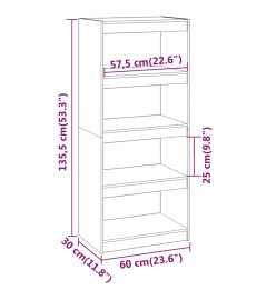 Bibliothèque/Séparateur de pièce Gris 60x30x135,5 cm Pin solide