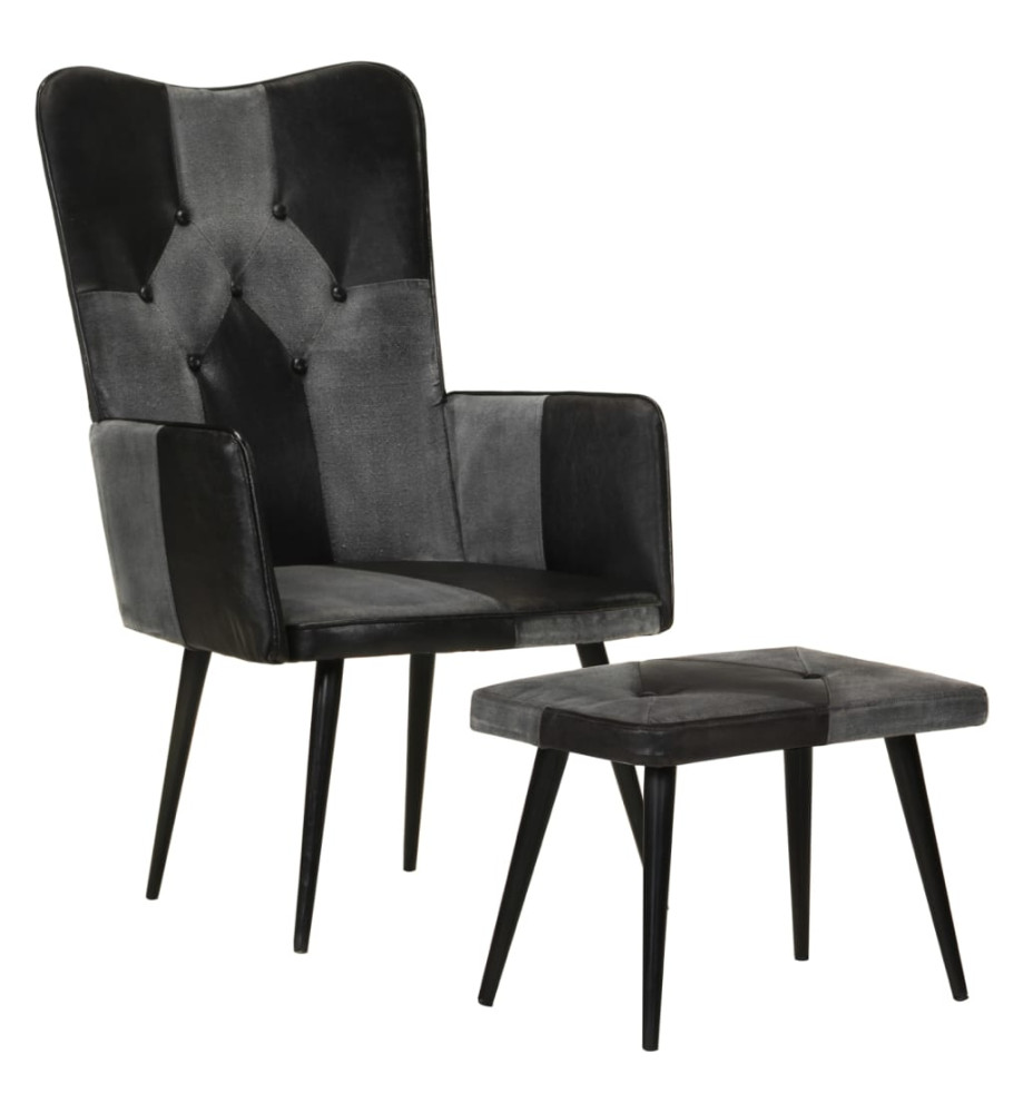 Fauteuil avec repose-pieds Noir Cuir véritable et toile