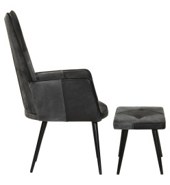 Fauteuil avec repose-pieds Noir Cuir véritable et toile