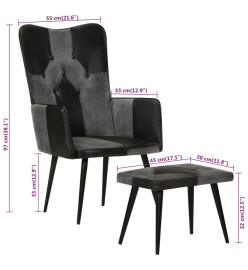 Fauteuil avec repose-pieds Noir Cuir véritable et toile