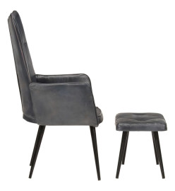 Chaise à oreilles avec repose-pied Gris Cuir véritable