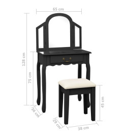 Coiffeuse et tabouret Noir 65x36x128 cm Bois de paulownia MDF