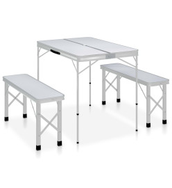 Table de camping pliable avec 2 bancs Aluminium Blanc