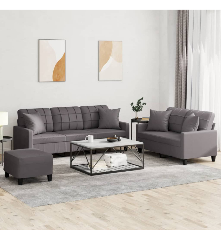 Ensemble de canapés 3 pcs avec coussins gris similicuir