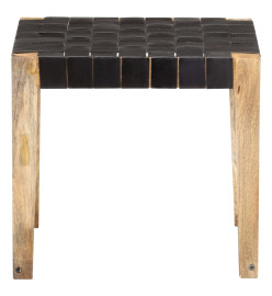 Tabouret Noir Cuir véritable et bois de manguier massif