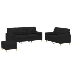 Ensemble de canapés 3 pcs avec coussins noir tissu