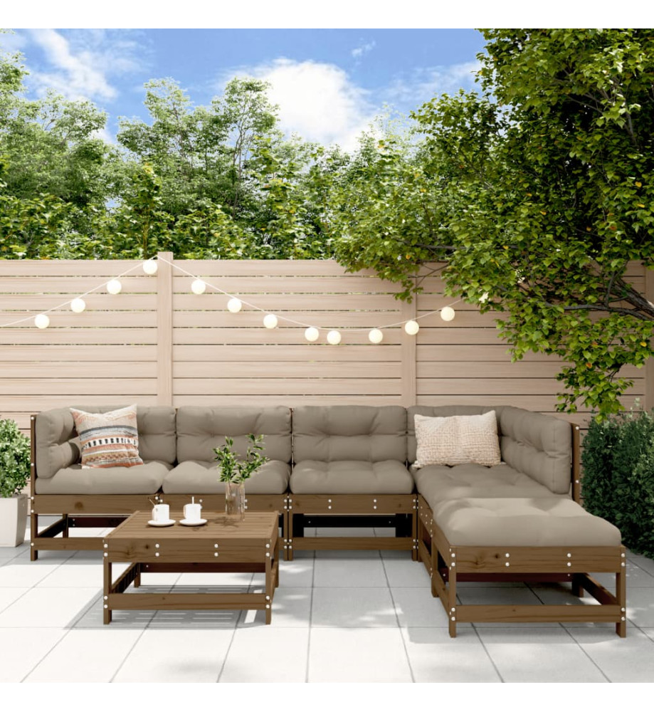 Salon de jardin 7 pcs avec coussins marron miel bois massif