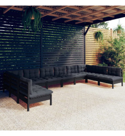 Salon de jardin 10 pcs avec coussins Noir Bois de pin massif