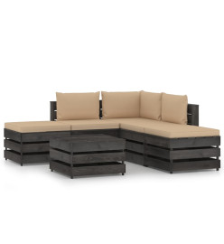 Salon de jardin 6 pcs avec coussins gris bois imprégné