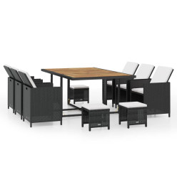 Salon de jardin encastrable 11 pcs Rotin et bois d'acacia Noir
