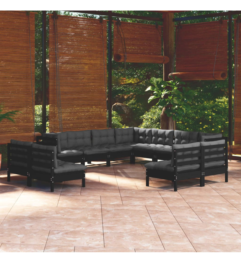 Salon de jardin 11 pcs avec coussins Noir Bois de pin solide