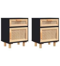 Tables de chevet 2 pcs Noir Bois de pin massif et rotin naturel
