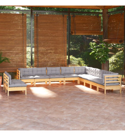 Salon de jardin 11 pcs avec coussins gris bois de pin solide