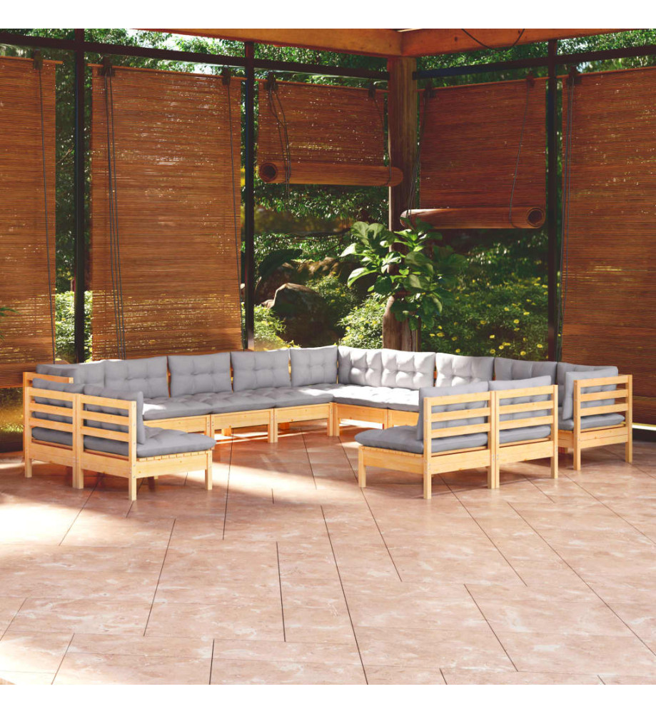 Salon de jardin 13 pcs avec coussins gris bois de pin massif Salon de jardin 13 pcs avec coussins gris bois de pin massif