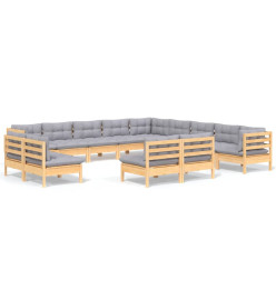 Salon de jardin 13 pcs avec coussins gris bois de pin massif
