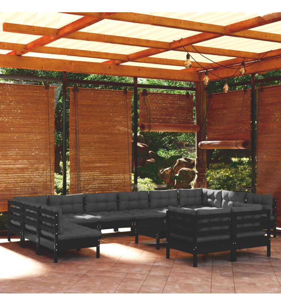 Salon de jardin 13 pcs avec coussins Noir Bois de pin