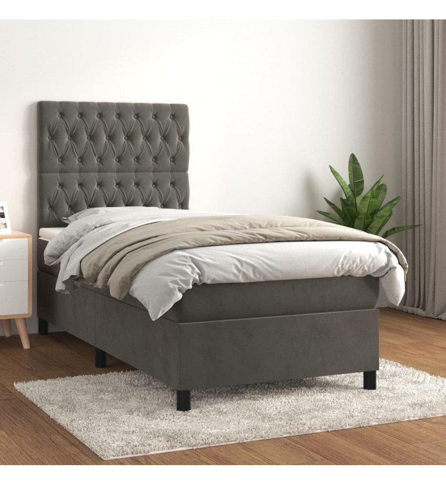 Lit à sommier tapissier et matelas Gris foncé 90x200 cm Velours Lit à sommier tapissier et matelas Gris foncé 90x200 cm Velours