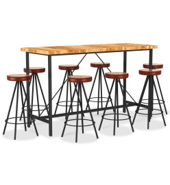 Ensemble de bar 9 pcs Bois d'acacia solide et cuir véritable