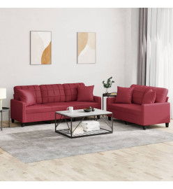 Ensemble de canapés 2 pcs et coussins rouge bordeaux similicuir