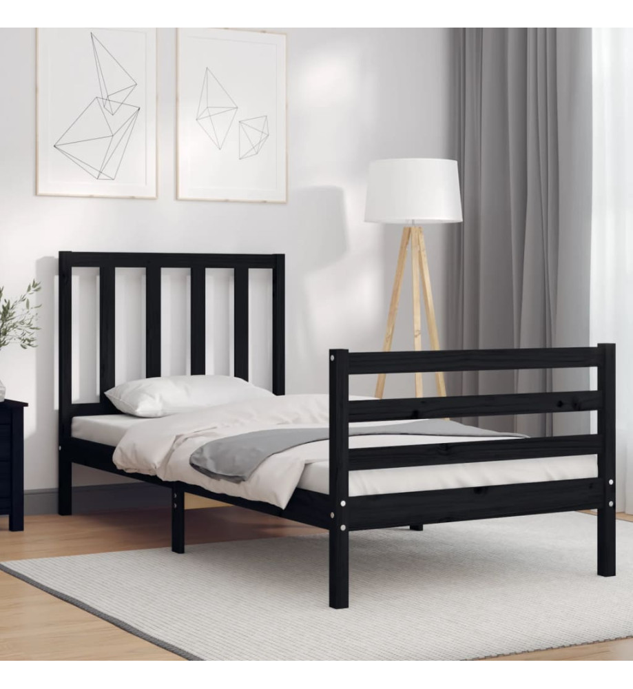 Cadre de lit avec tête de lit noir simple bois massif Cadre de lit avec tête de lit noir simple bois massif